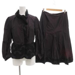 ジャケット スカート セットアップ シルク混 42 ダークブラウン フリル レース /AE GY50