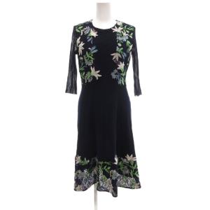 ワンピース ミモレ ロング 花がら刺繍 長袖 38 紺 ネイビー /JS GY50