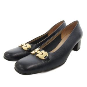 ガンチーニ パンプス 8 黒 ブラック ラウンドトゥ ブロックヒール ゴールド金具 /FF GY50