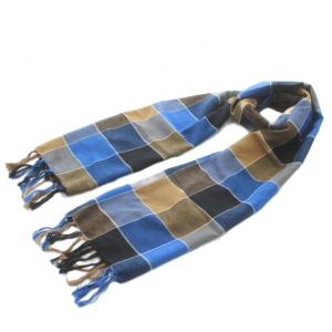 ストール マフラー 薄手 チェック柄 フリンジ 青 ブルー 茶色 ブラウン /XZ GY99