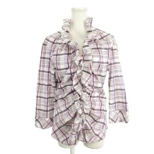 シャツ ブラウス 5 紫 パープル チェック柄 フリルネック 七分袖 /AH16 GY99