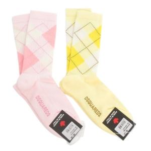DSQUARED2 MID-CREW SOCKS 靴下 2点セット 42-43 ピンク 黄 イエロー アーガイル柄 /AH1