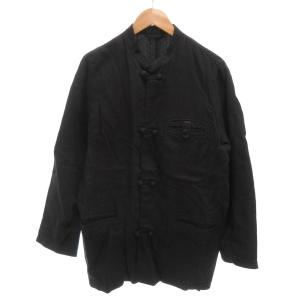 シャツジャケット 麻 リネン チャイナボタン L 黒 ブラック /YJ GY12