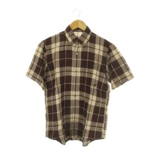 リネンシャツ 麻 S 茶 ブラウン ボタンダウンカラー 半袖 チェック柄 /AO29 GY99
