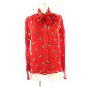 ボウタイブラウス 長袖 シルク 花柄 36 レッド マルチカラー /ES GY01