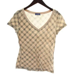 Tシャツ カットソー 半袖 チェック柄 Vネック ロゴ 刺繍 38 ベージュ /XZ GY99