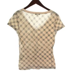 BURBERRY BLUE LABEL Tシャツ カットソー 半袖 チェック柄 Vネック ロゴ 刺繍 38 ベージュ /XZ GY99