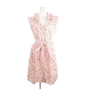 ワンピース 40 赤 レッド 白 ホワイト 花柄 Vネック ノースリーブ フリル ベルト付き /MN8