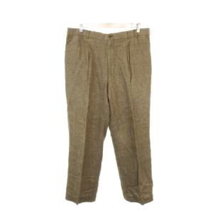 リネンパンツ 麻 スラックス ダブル テーパード チェック 総柄 XL 茶 ブラウン /AH13 GY99