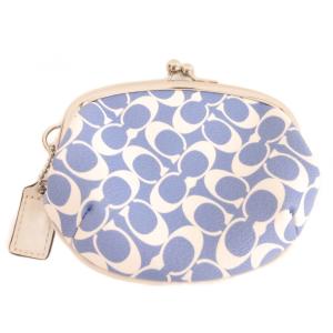 COACH がま口財布 ウォレット 小銭入れ 青 ブルー 白 ホワイト ロゴ柄 ストライプ /NU GY99