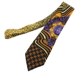 VERSACE ネクタイ レギュラータイ レオパード柄 総柄 メデューサ 絹 シルク 黄 イエロー /FF GY99