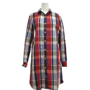 シャツワンピース M 赤 レッド マルチカラー チェック柄 レギュラーカラー 長袖 膝丈 F8184 /PP