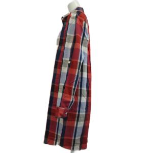 FRED PERRY シャツワンピース M 赤 レッド マルチカラー チェック柄 レギュラーカラー 長袖 膝丈 F8184 /PP