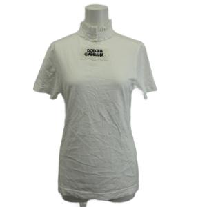 カットソー 白 ホワイト 半袖 エンブロイダリー レース フリルハイネック ロゴワッペン Tシャツ /PP