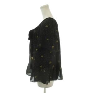 TSUMORI CHISATO シャツ ブラウス 絹 シルク 2 黒 ブラック リボン柄 ドット柄 スクエアネック 半袖 /AH39 GY99