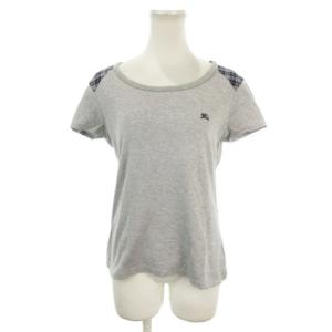 Tシャツ 38 グレー 半袖 ラウンドネック ロゴ刺繍 肩チェック柄 /AH36 GY99