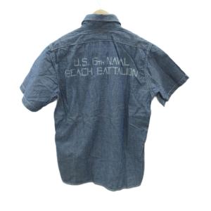THE REAL McCOY'S ワークシャツ シャンブレーシャツ 青 ブルー 半袖 USNプリント ワッペン付き /YS39 GY99
