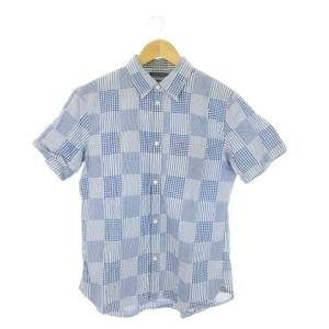 シャツ L 青 ブルー チェック柄 ストライプ柄 パッチワーク柄 半袖 /CK31 GY99