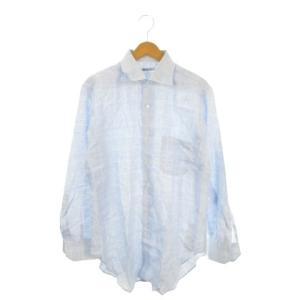 シャツ 麻 リネン L 青 ライトブルー チェック柄 長袖 /MN29 GY50