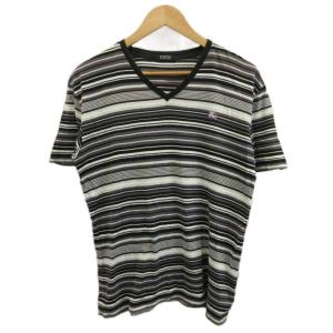 Vネックストライプ柄半袖Tシャツ 黒 ブラック 白 ホワイト グレー ストライプ柄 Vネック 半袖 /SH