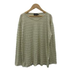 Tシャツ カットソー 麻 リネン 48 ベージュ ボーダー柄 Vネック 長袖 /YS6 GY99