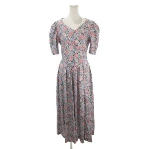 ワンピース UK12 紫 パープル 花柄 Vネック パフスリーブ 半袖 /AH40 GY99