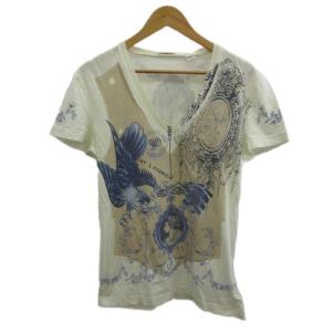 Y2K Tシャツ カットソー M 白 ホワイト Vネック プリント 半袖 AUN718Y AN600A