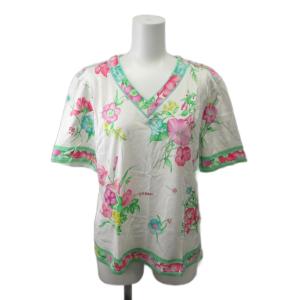 カットソー L 白 ホワイト マルチカラー 総柄 花柄 Vネック 半袖 Tシャツ /PP GY44