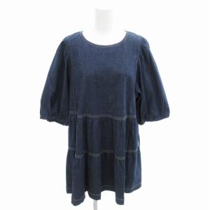 美品 大きいサイズ デニム ミニワンピース チュニック ストレッチ 七分袖 42 インディゴブルー /HO