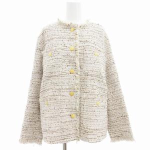美品 23SS ツイードジャケット ノーカラー 金ボタン フリンジ アイボリー /AE