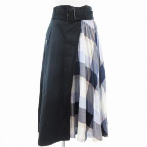 美品 フレアスカート チェック 切替 ミモレ ロング 38 紺 ネイビー /AE