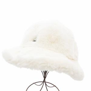 美品 フェイクファー カジュアル Faux Fur Casual バケットハット 帽子 ロゴ L 白 ホワイト