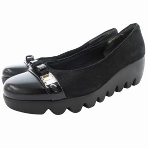 パンプス ウエッジヒール ウェーブソール ラウンドトゥ リボン 切替 23.5cm 黒 ブラック /GV