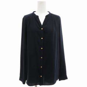 マットサテンブラウス シャツ 長袖 キーネック タック 36 紺 ネイビー RDZ1021204A0005