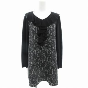 ニードルレースニットコンビ チュニック ワンピース 長袖 フリル 総柄 42 黒 ブラック W5N12-866-09