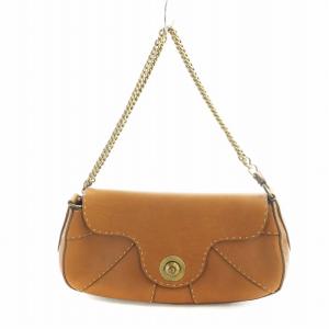 ショルダーバッグ ゴールドチェーン ステッチ レザー ロゴ 茶 ブラウン /MQ