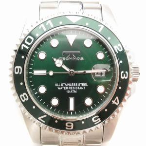 タグ付き 腕時計 ウォッチ クォーツ ステンレススチール 三針 カレンダー アナログ 回転ベゼル 緑 グリーン