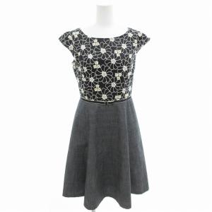 ワンピース ウエストリボン ドッキング 花柄刺繍 半袖 ひざ丈 0 黒 ブラック グレー /FF