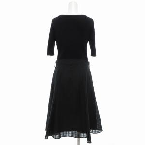 BLUE LABEL CRESTBRIDGE ドッキングワンピース ニット 五分袖  シャドーチェック ミモレ ロング ベルト付き 38 黒 ブラック