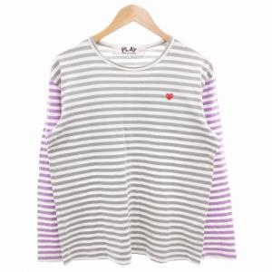 Tシャツ カットソー 長袖 ロンT ボーダー PLAYハート L グレー 紫 パープル /GV