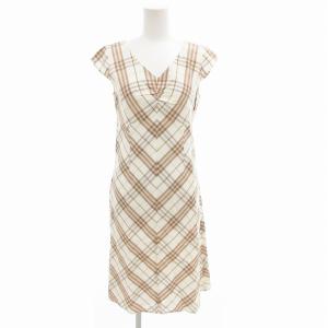 ワンピース チェック リネン混 半袖 ひざ丈 36 アイボリー ピンク /FF