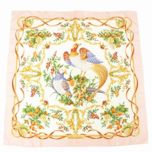 スカーフ チーフ 総柄 孔雀 果物 絹 シルク ピンク /GV