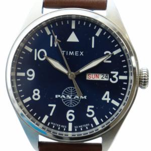 Pan Am 腕時計 クォーツ レザーバンド 紺文字盤 デイト カレンダー付き シルバーカラー