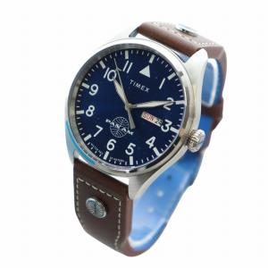 TIMEX Pan Am 腕時計 クォーツ レザーバンド 紺文字盤 デイト カレンダー付き シルバーカラー