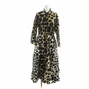 赤タグ シャツワンピース ロング 長袖 ロゴ レオパード柄 ヒョウ柄 黒 ブラック 茶 ブラウン /MQ