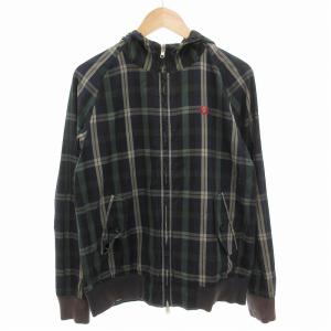 リバーシブル ジップアップパーカー フーディ チェック ロゴ刺繍 L ネイビー グリーン 紺 緑 /FF