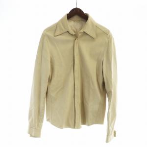 レザー シャツ ジャケット 長袖 子羊革 比翼 スナップボタン 背抜き ロゴ 46 ベージュ /MQ