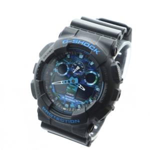 CASIO G-SHOCK 腕時計 ウォッチ カモフラ クォーツ アナデジ ロゴ 青文字盤 カレンダー付き 黒 ブラック GA-100CB-1AJF