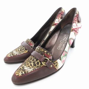 パンプス ハイヒール 花 レオパード柄 レザー切替 8 白 ホワイト 茶 ブラウン マルチカラー /UO