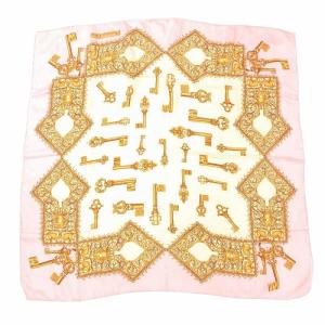 美品 スカーフ 鍵柄 シルク ピンク アイボリー /AE